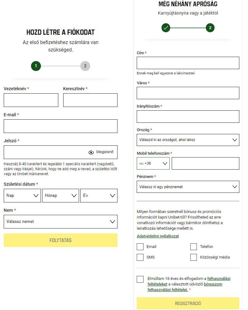 Unibet regisztrációs űrlap 