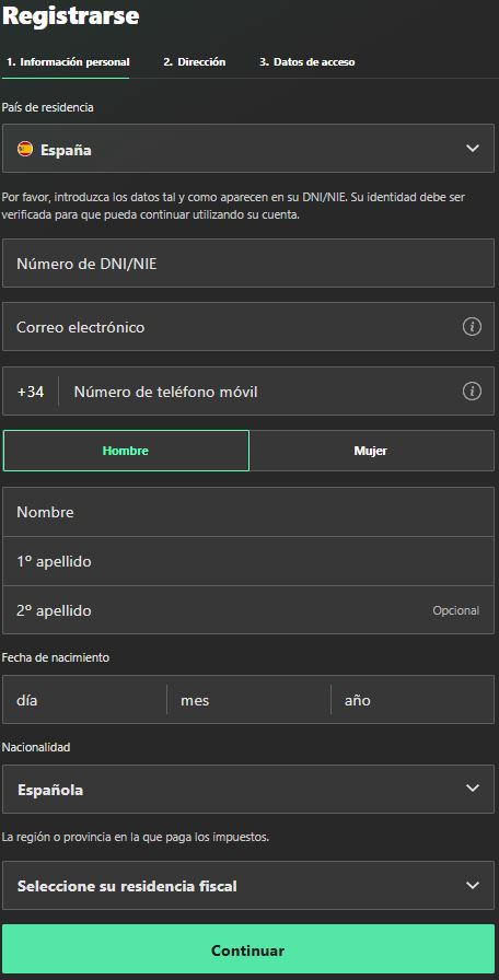 Formulario de registro Bet365